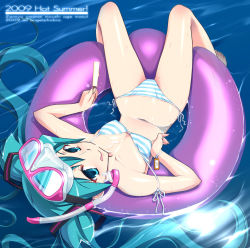 Rule 34 | 00s, 1girl, 2009, :q, afloat, aqua eyes, aqua hair, barefoot, bikini, bracelet, breasts, diving mask, food, goggles, green eyes, green hair, hatsune miku, innertube, jewelry, long hair, looking at viewer, looking up, matching hair/eyes, messy, navel, popsicle, side-tie bikini bottom, small breasts, snorkel, solo, strap slip, striped bikini, striped clothes, submerged, swim ring, swimsuit, tag, tomomimi shimon, tongue, tongue out, twintails, upside-down, vocaloid, water
