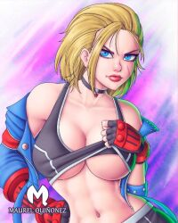 Rule 34 | 1girl, abs, bare shoulders, blonde hair, breasts, cammy white, cleavage, clothes lift, fingerless gloves, gloves, jacket, large breasts, lips, long sleeves, maruel qui&ntilde;onez, scar, scar on face, shirt lift, short hair, street fighter, street fighter 6, underboob, upper body
