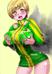 Rule 34 | 1boy, 1girl, alternate breast size, atlus, bad id, bad pixiv id, blush, bottomless, grabbing another&#039;s breast, breasts, brown eyes, brown hair, curvy, drooling, faceless, faceless male, grabbing, groping, hetero, huge breasts, jacket, naked jacket, open mouth, perepere-kun, persona, persona 4, saliva, satonaka chie, school uniform, short hair, teeth, thighs, tongue, track jacket
