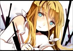 Rule 34 | 1girl, blonde hair, blue eyes, close-up, knife, long hair, looking at viewer, lying, on stomach, original, smile, solo, sword, tan (tangent), weapon