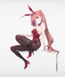 Rule 34 | 1girl, absurdres, animal ears, arisugawa natsuha, arm support, bare shoulders, bow, bowtie, breasts, brown hair, closed mouth, commentary request, detached collar, earrings, fake animal ears, fake tail, fishnet pantyhose, fishnets, full body, hair behind ear, hand on own knee, high heels, highres, idolmaster, idolmaster shiny colors, jewelry, leotard, long hair, looking at viewer, olys, pantyhose, playboy bunny, ponytail, purple eyes, rabbit ears, rabbit tail, red footwear, red leotard, simple background, sitting, smile, solo, strapless, strapless leotard, tail, thigh strap, very long hair, wrist cuffs