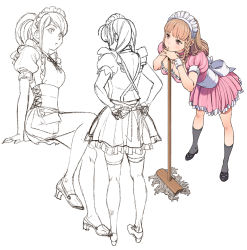Rule 34 | 1girl, bad id, bad pixiv id, black footwear, black socks, braid, breasts, brown eyes, brown hair, character sheet, cleavage, closed mouth, copyright request, corset, dress, female focus, high heels, highres, kneehighs, large breasts, long hair, maid, maid headdress, mop, multiple views, partially colored, pink dress, ponytail, puffy short sleeves, puffy sleeves, shoes, short sleeves, side braid, simple background, sitting, sketch, socks, standing, thighhighs, umishima senbon, white background, wrist cuffs