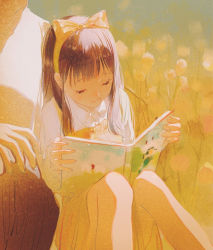 Rule 34 | 1girl, book, bow, dress, hair bow, highres, holding, holding book, open book, original, out of frame, outdoors, pinafore dress, reading, sheya tin, sitting, sleeveless dress, solo focus, yellow theme