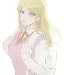 Rule 34 | 1girl, :o, akamatsu kaede, backpack, bad id, bad twitter id, bag, blonde hair, collared shirt, danganronpa (series), danganronpa v3: killing harmony, fortissimo, from side, hair ornament, highres, long hair, long sleeves, looking at viewer, musical note, musical note hair ornament, necktie, open mouth, parted bangs, pink eyes, pink vest, shirt, simple background, smile, solo, ujuui msmz, upper body, vest, white background