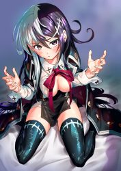 Rule 34 | 1girl, black jack (character), black jack (eshigami no kizuna), black jack (series), blush, breasts, breasts out, brown eyes, cape, cleavage, dedeen, eshigami no kizuna, genderswap, genderswap (mtf), hair ornament, hairpin, highres, long hair, long sleeves, looking at viewer, medium breasts, multicolored hair, open clothes, open shirt, pouty lips, purple hair, sitting, solo, split-color hair, two-tone hair, white hair