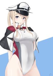 Rule 34 | 10s, 1girl, absurdres, arms behind back, blonde hair, blue eyes, breasts, capelet, celtic knot, competition swimsuit, cross, graf zeppelin (kancolle), hair between eyes, hat, highres, iron cross, kantai collection, large breasts, maruyaa (malya1006), military hat, one-piece swimsuit, peaked cap, solo, swimsuit, twintails, white hat