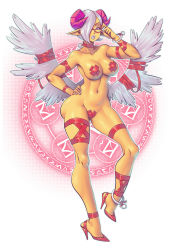 Rule 34 | adjusting eyewear, angel wings, anklet, bracelet, breasts, check commentary, choker, colored skin, commentary, commentary request, demon girl, full body, glasses, hair over one eye, hand on own hip, high heels, highres, horns, jewelry, low wings, maebari, magic circle, medium breasts, narrow waist, one eye covered, orange skin, original, pasties, pointy ears, simple background, solo, standing, standing on one leg, stiletto heels, supersatanson, white background, wide hips, wings