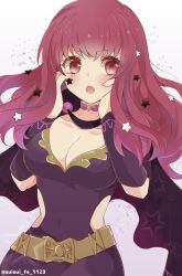 Rule 34 | 1girl, belt, black cape, breasts, cape, choker, cleavage, clothing cutout, covered navel, fire emblem, fire emblem engage, hair ornament, highres, large breasts, long hair, medium breasts, nintendo, pink choker, red eyes, red hair, side cutout, solo, star (symbol), star hair ornament, sui (aruko91), twitter username, yunaka (fire emblem)