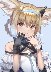 Rule 34 | 1girl, animal ear fluff, animal ears, arknights, bare shoulders, black gloves, blonde hair, blue background, colored tips, commentary, fox ears, gloves, green eyes, hairband, infection monitor (arknights), looking at viewer, material growth, multicolored hair, oripathy lesion (arknights), satsuki neko, simple background, single glove, smile, solo, suzuran (arknights), two-tone hair, upper body, white hair