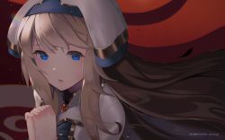 Rule 34 | 1girl, artist name, blonde hair, blue eyes, blue hat, commentary, commentary request, copyright name, dress, english commentary, face, gem, goblin slayer!, harukagi, hat, long hair, looking at viewer, own hands together, parted lips, priestess (goblin slayer!), solo, white dress, white hat