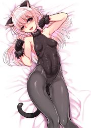 Rule 34 | 1girl, absurdres, animal ears, black gloves, black pantyhose, blush, breasts, cameltoe, cat ears, cat tail, eyebrows, fangs, fur trim, gloves, harigane shinshi, highleg, highleg leotard, highres, leotard, long hair, lying, on back, open mouth, original, pantyhose, paw pose, pink eyes, pink hair, skin tight, small breasts, solo, tail