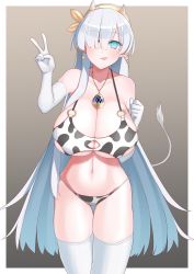 Rule 34 | 1girl, akitokage, anastasia (fate), animal print, bikini, blue eyes, blush, breasts, cleavage, closed mouth, collarbone, cow horns, cow print, cow print bikini, cow tail, elbow gloves, fate/grand order, fate (series), gloves, hair over one eye, hairband, highres, hip bones, horns, huge breasts, jewelry, long hair, looking at viewer, necklace, print bikini, silver hair, smile, solo, swimsuit, tail, thighhighs, tongue, tongue out, v, very long hair, white gloves