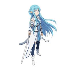 Rule 34 | 10s, 1girl, asuna (sao), asuna (sao-alo), blue eyes, blue hair, blue thighhighs, boots, detached sleeves, dress, floating hair, from above, full body, holding, holding sword, holding weapon, long hair, looking at viewer, pleated dress, pointy ears, simple background, smile, solo, standing, sword, sword art online, thighhighs, very long hair, weapon, white background, white footwear, zettai ryouiki