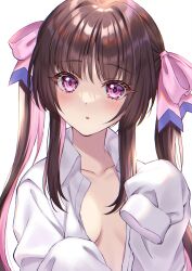 Rule 34 | 1girl, breasts, brown hair, collared shirt, dot nose, eyebrows hidden by hair, hair ribbon, highres, light blush, long bangs, long hair, looking at viewer, no bra, open mouth, oversized clothes, oversized shirt, pink ribbon, purple eyes, ribbon, senki zesshou symphogear, shirt, small breasts, solo, tsukuyomi shirabe, twintails, unbuttoned, unbuttoned shirt, upper body, very long hair, white shirt, yuuheisyoujyo