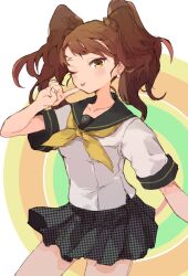 Rule 34 | 1girl, blush, breasts, brown hair, finger to mouth, index finger raised, jamir, kujikawa rise, long hair, looking at viewer, neckerchief, one eye closed, persona, persona 4, pleated skirt, sailor collar, school uniform, serafuku, short sleeves, simple background, skirt, small breasts, solo, tongue, tongue out, twintails, yasogami school uniform, yellow eyes, yellow neckerchief