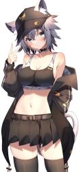 Rule 34 | 1girl, animal ears, armpit crease, bare shoulders, baseball cap, belt, black choker, black hat, black jacket, black skirt, black sports bra, black thighhighs, blue eyes, breasts, cat ears, cat girl, cat tail, choker, cleavage, commission, cowboy shot, crop top, ear-to-ear, expressionless, grey hair, hand up, hat, highres, jacket, jun (aousa0328), large breasts, long sleeves, looking at viewer, midriff, miniskirt, navel, off shoulder, open clothes, open jacket, orb, original, pleated skirt, short hair, skeb commission, skindentation, skirt, sleeveless, solo, sports bra, standing, stomach, tail, thighhighs, thighs, v, yin yang, yin yang orb, zettai ryouiki