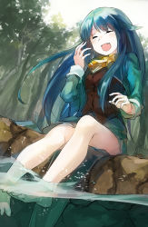 Rule 34 | 1girl, barefoot, blue hair, day, emunise, closed eyes, fang, feet, highres, long hair, outdoors, partially underwater shot, rock, sitting, soaking feet, solo, sylpheed, toes, underwater, water, zero no tsukaima