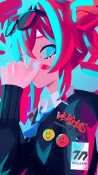 Rule 34 | 1girl, absurdres, ahoge, badge, blue archive, blue eyes, blue light, blue necktie, button badge, contrast, double bun, eyewear on head, hair bun, highres, id card, limited palette, looking at viewer, maki (blue archive), necktie, no lineart, no mouth, paint splatter, paint splatter on face, red hair, short hair, smiley face, solo, sunglasses, two-tone background, yidu unom
