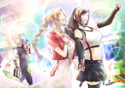 Rule 34 | 1boy, 2girls, aerith gainsborough, bag, belt, black gloves, black hair, black skirt, black thighhighs, blonde hair, blue shirt, braid, breasts, brown hair, carrying over shoulder, choker, closed eyes, cloud strife, cowboy shot, elbow gloves, final fantasy, final fantasy vii, final fantasy vii remake, fingerless gloves, gloves, hair ribbon, hand on own chest, head down, highres, holding hands, jewelry, large breasts, long hair, midriff, moriiiiiiiiiinn, multiple girls, necklace, open mouth, outstretched arm, parted bangs, pink ribbon, pointing, ribbon, shirt, shopping, shopping bag, shopping district, short hair, sidelocks, skirt, sleeveless, sleeveless shirt, sleeveless turtleneck, smile, spiked hair, square enix, suspender skirt, suspenders, thighhighs, tifa lockhart, turtleneck, white shirt, zettai ryouiki
