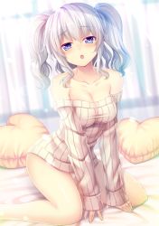 Rule 34 | 10s, 1girl, :o, alternate costume, bare legs, bare shoulders, blue eyes, blush, breasts, cleavage, collarbone, eyebrows, female focus, heart, heart-shaped pillow, indoors, izumi akane, kantai collection, kashima (kancolle), kneeling, legs, long hair, long sleeves, looking at viewer, no pants, off-shoulder, off-shoulder sweater, off shoulder, on bed, open mouth, panties, pantyshot, pillow, ribbed sweater, silver hair, sleeves past wrists, solo, sweater, two side up, underwear, wavy hair