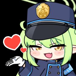 Rule 34 | 1girl, :d, acomu414, animated, animated gif, armband, bad source, blue archive, blue armband, blue hat, blue jacket, buttons, chibi, commentary, double-breasted, fang, gloves, green hair, green halo, halo, hand up, hat, heart, jacket, long hair, looking at viewer, looping animation, lowres, nozomi (blue archive), open mouth, peaked cap, simple background, skin fang, smile, solo, symbol-only commentary, transparent background, twintails, upper body, white gloves, yellow eyes