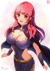 1girl absurdres blush bodysuit breasts cape chinchongcha choker cleavage clothing_cutout facial_mark fire_emblem fire_emblem_engage hair_ornament highres large_breasts long_hair looking_at_viewer nintendo red_eyes red_hair simple_background smile solo star_(symbol) star_facial_mark star_hair_ornament yunaka_(fire_emblem)