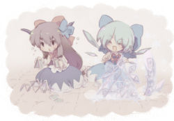 Rule 34 | 2girls, card, cirno, holding, holding card, horns, house of cards, ibuki suika, ice, multiple girls, oto, playing card, touhou, wings