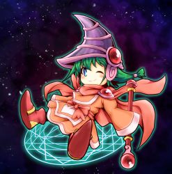 Rule 34 | 1girl, blue eyes, blush, bow, card ejector, duel monster, green hair, hat, smile, solo, sore (whirlwind), staff, wink, wizard hat, yu-gi-oh!