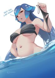 Rule 34 | 1girl, absurdres, bao (vtuber), bao (vtuber) (1st costume), bikini, blue hair, blue nails, bottomless, breasts, cetacean tail, commentary, constellation, english commentary, english text, fins, fish tail, highres, holding, holding clothes, indie virtual youtuber, liquid hair, looking at viewer, looking down, medium breasts, myth1carts, nail polish, navel, open mouth, red eyes, shark fin, solo, strapless, strapless bikini, tail, twitter logo, virtual youtuber, whale, whale girl