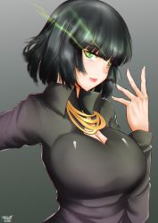 Rule 34 | 1girl, absurdres, artist name, black dress, black hair, breasts, cleavage, dress, female focus, fubuki (one-punch man), glowing, glowing eyes, gradient background, green eyes, grey background, highres, jewelry, large breasts, looking at viewer, looking to the side, necklace, norman maggot, one-punch man, parted lips, short hair, simple background, solo, upper body