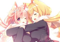 Rule 34 | 2girls, amamiya aki, amamiya mei, animal ear fluff, animal ears, blonde hair, breasts, close, cross hair ornament, extra ears, fox ears, fox tail, hair ornament, hairclip, hug, jacket, long hair, low twintails, multiple girls, one eye closed, open mouth, original, p19, pink hair, red eyes, scarf, siblings, simple background, sisters, sweater, tail, twintails, virtual youtuber, white background