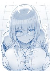 Rule 34 | 10s, 1girl, blue theme, breasts, breasts squeezed together, commentary, english commentary, glasses, gridman universe, hews, huge breasts, looking at viewer, meme, monochrome, paizuri, paizuri under clothes, pov, shinjou akane, shirt, sketch, solo focus, ssss.gridman, taut clothes, taut shirt