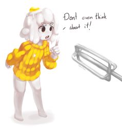 Rule 34 | 1girl, absurdres, angry, barefoot, borrowed character, colored skin, commentary, cream, egg, egg (lemyawn), english commentary, english text, hand up, highres, index finger raised, medium hair, monster girl, naked sweater, open mouth, original, red eyes, ribbed sweater, signature, simple background, slime girl, solo, standing, sweater, v-shaped eyebrows, whisk, white background, white hair, white skin, yellow sweater, yoako