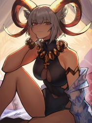 Rule 34 | 1girl, animal ears, arknights, black one-piece swimsuit, breasts, carnelian (arknights), carnelian (shimmering dew) (arknights), dark-skinned female, dark skin, distr, goat ears, goat girl, goat horns, highres, horns, jewelry, large breasts, looking at viewer, official alternate costume, one-piece swimsuit, red eyes, short hair, solo, swimsuit, white hair