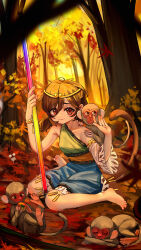 Rule 34 | 1girl, absurdres, animal, autumn, barefoot, blue dress, brown eyes, brown hair, circlet, closed mouth, commentary, detached sleeves, dress, green dress, green jacket, highres, ium hair, jacket, kourou (kouroukun), monkey, monkey tail, multicolored clothes, multicolored dress, short twintails, single detached sleeve, solo, son biten, symbol-only commentary, tail, toes, touhou, tree, twintails, yellow dress