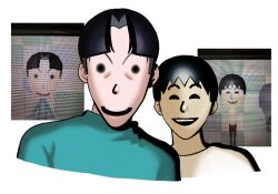 Rule 34 | 2boys, ^ ^, black hair, blue sweater, closed eyes, closed mouth, commentary, cropped torso, curtained hair, facing viewer, long face, looking at viewer, male focus, mii (nintendo), multiple boys, nintendo, open mouth, original, photo inset, reference inset, shirt, short hair, smile, solid circle eyes, sweater, takushi (taxi739), white shirt