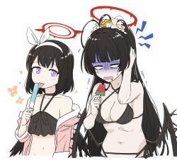 Rule 34 | 2girls, alternate hairstyle, bikini, black bikini, black hair, black wings, blue archive, blunt bangs, bow, brain freeze, drooling, flower, food, frilled bikini, frills, gloom (expression), hair bow, hair flower, hair ornament, hairband, halo, holding, holding food, jacket, jacket over swimsuit, long hair, looking at another, low wings, mashiro (blue archive), mashiro (swimsuit) (blue archive), mouth drool, multiple girls, official alternate costume, open clothes, open jacket, ponytail, popsicle, purple eyes, rokukyugo, simple background, sweat, swimsuit, tearing up, tsurugi (blue archive), tsurugi (swimsuit) (blue archive), upper body, watermelon bar, wavy mouth, white background, winged halo, wings