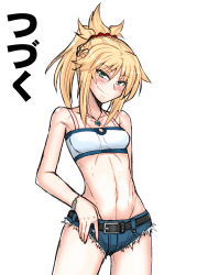 Rule 34 | 1girl, bare arms, bare shoulders, belt, black belt, blonde hair, blush, bracelet, braid, breasts, camisole, comic, cowboy shot, fate/apocrypha, fate/grand order, fate (series), green eyes, hair ornament, hand in pants, head tilt, highres, jewelry, looking at viewer, medium breasts, micro shorts, mitsurugi tsurugi, mordred (fate), mordred (fate/apocrypha), mordred (memories at trifas) (fate), navel, ponytail, short shorts, shorts, simple background, smile, smirk, solo, translated, white background