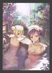 Rule 34 | 2girls, alternate hairstyle, blonde hair, breasts, cleavage, collarbone, commentary request, completely nude, crossed arms, day, double bun, hair between eyes, hair bun, hair ornament, haku89, large breasts, looking at viewer, looking back, mizuori shizuku, multiple girls, naked towel, nature, nude, onsen, outdoors, partially submerged, purple eyes, ripples, sidelocks, single hair bun, sitting, small breasts, summer pockets, towel, towel on head, tsumugi wenders, water, x hair ornament