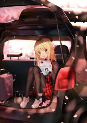 Rule 34 | 1girl, absurdres, black pantyhose, blonde hair, blue eyes, blush, brown eyes, car, cherry blossoms, commentary request, dress, highres, holding, long hair, looking at viewer, motor vehicle, open mouth, original, pantyhose, real life, red dress, refile, shoes, sitting, smile, solo, white footwear
