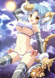 Rule 34 | 1girl, :d, absurdres, animal ears, antenna hair, arm up, bell, bikini, black thighhighs, blue hair, bow, bow panties, bra, breasts, cait sith (genkai tokki monster monpiece), cat ears, cat tail, cleavage, clenched hand, cloud, evemoina, fang, fingernails, from side, full moon, fur trim, genkai tokki monster monpiece, gradient hair, high ponytail, highres, holding, impossible clothes, jingle bell, large breasts, long fingernails, lowleg, lowleg bikini, lowleg panties, moon, multicolored hair, navel, night, night sky, official art, open mouth, outdoors, panties, parted bangs, paw pose, ponytail, print thighhighs, scan, sharp fingernails, short hair, short ponytail, sideboob, sitting, sky, smile, solo, spread legs, star (sky), starry sky, swimsuit, tail, thighhighs, underboob, underwear, underwear only, wand, wariza, white bikini, white bra, white panties, wide hips, yellow eyes