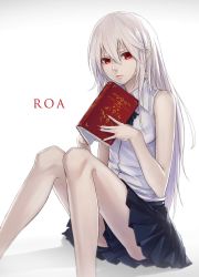 Rule 34 | 1girl, bare legs, black ribbon, black skirt, book, commentary request, expressionless, feet out of frame, gradient background, grey background, hair between eyes, highres, holding, holding book, long hair, looking at viewer, open book, original, red eyes, ribbon, shirt, silver hair, sitting, skirt, solo, sugi 214, very long hair, white background, white shirt