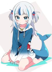 Rule 34 | 1girl, barefoot, blue hair, blue hoodie, blue nails, blunt bangs, fins, fish tail, gawr gura, gawr gura (1st costume), highres, hololive, hololive english, hood, hoodie, hutaba haru, looking at viewer, medium hair, multicolored hair, nail polish, shark girl, shark tail, sidelocks, solo, streaked hair, tail, two side up, virtual youtuber, white background, white hair