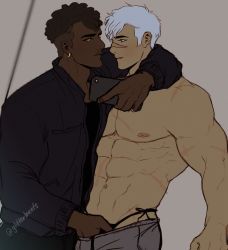 Rule 34 | 2boys, bara, black hair, black jacket, black male underwear, black pants, black shirt, blouse, buffshiro, closed mouth, dark-skinned male, dark skin, earrings, grey pants, groping, hand under clothes, highres, holding, holding phone, interracial, jacket, jewelry, large pectorals, looking at another, male focus, male underwear, male underwear peek, multiple boys, muscular, muscular male, open clothes, open jacket, pants, pectorals, phone, ryan kinkade, scar, scar on arm, scar on chest, scar on face, scar on nose, shirt, short hair, sideburns, takashi shirogane, thong, topless male, twitter username, undercut, underwear, voltron: legendary defender, voltron (series), white hair, yaoi