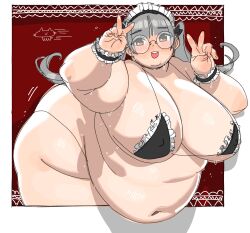 1girl big_belly bikini black_bikini blush bow breasts brown_hair cleavage covered_erect_nipples double_v fat fat_woman frilled_bikini frilled_cuffs frills glasses grey_hair hair_bow huge_breasts ki-da_(ipkcte5b0htjned) leaning_forward long_hair maid maid_bikini maid_headdress micro_bikini navel obese open_mouth original round_eyewear solo swimsuit thick_thighs thighs twintails unconventional_maid v wrist_cuffs