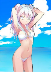 Rule 34 | 1girl, armpits, arms behind head, arms up, ayamoto, beach, bikini, blue sky, breasts, cloud, collarbone, day, food, fruit, grey eyes, hands in hair, horizon, jewelry, long hair, looking at viewer, medium breasts, navel, necklace, o-ring, o-ring top, ocean, original, outdoors, pendant, silver hair, sky, solo, standing, stomach, strawberry, swimsuit, two side up, water, white bikini