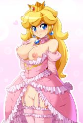 Rule 34 | 1girl, blonde hair, blue eyes, breasts, cleft of venus, collarbone, crown, dress, earrings, elbow gloves, eyebrows, eyelashes, frilled dress, frills, garter straps, gloves, heart, highres, jewelry, konpeto, large breasts, long hair, mario (series), nintendo, nipples, no panties, pink dress, pink gloves, pink thighhighs, princess peach, pussy, strapless, strapless dress, super mario bros. 1, thighhighs, uncensored