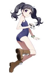 Rule 34 | 1girl, :3, ankle boots, black hair, boots, bracelet, camcorder, camera, cardcaptor sakura, commentary request, daidouji tomoyo, hair ribbon, highres, holding, holding camera, jewelry, looking at viewer, one-piece swimsuit, purple eyes, ribbon, school swimsuit, simple background, solo, swimsuit, thick eyebrows, twintails, video camera, watanabe akio, white background