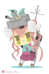 Rule 34 | 10s, 1girl, bad id, bad pixiv id, carrying, chameleon man (three), chibi, flat color, glasses, hair bun, hands up, kantai collection, long hair, looking at viewer, machinery, makigumo (kancolle), no lineart, pantyhose, pink hair, pleated skirt, school uniform, single hair bun, skirt, sleeves past wrists, solo, turret, twintails, yellow eyes
