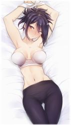 Rule 34 | 00s, 1girl, :o, armpits, arms up, bare shoulders, bdsm, bed sheet, black pants, bondage, bound, bound arms, bra, breasts, breasts apart, cameltoe, collarbone, dakimakura (medium), female focus, fujibayashi sheena, hair over one eye, head tilt, large breasts, leggings, looking at viewer, messy hair, midriff, navel, on bed, pants, pantyhose, pantylines, parted lips, purple hair, red eyes, sheena fujibayashi, solo, stomach, strapless, strapless bra, tales of (series), tales of symphonia, thigh gap, tusia, underwear, white bra